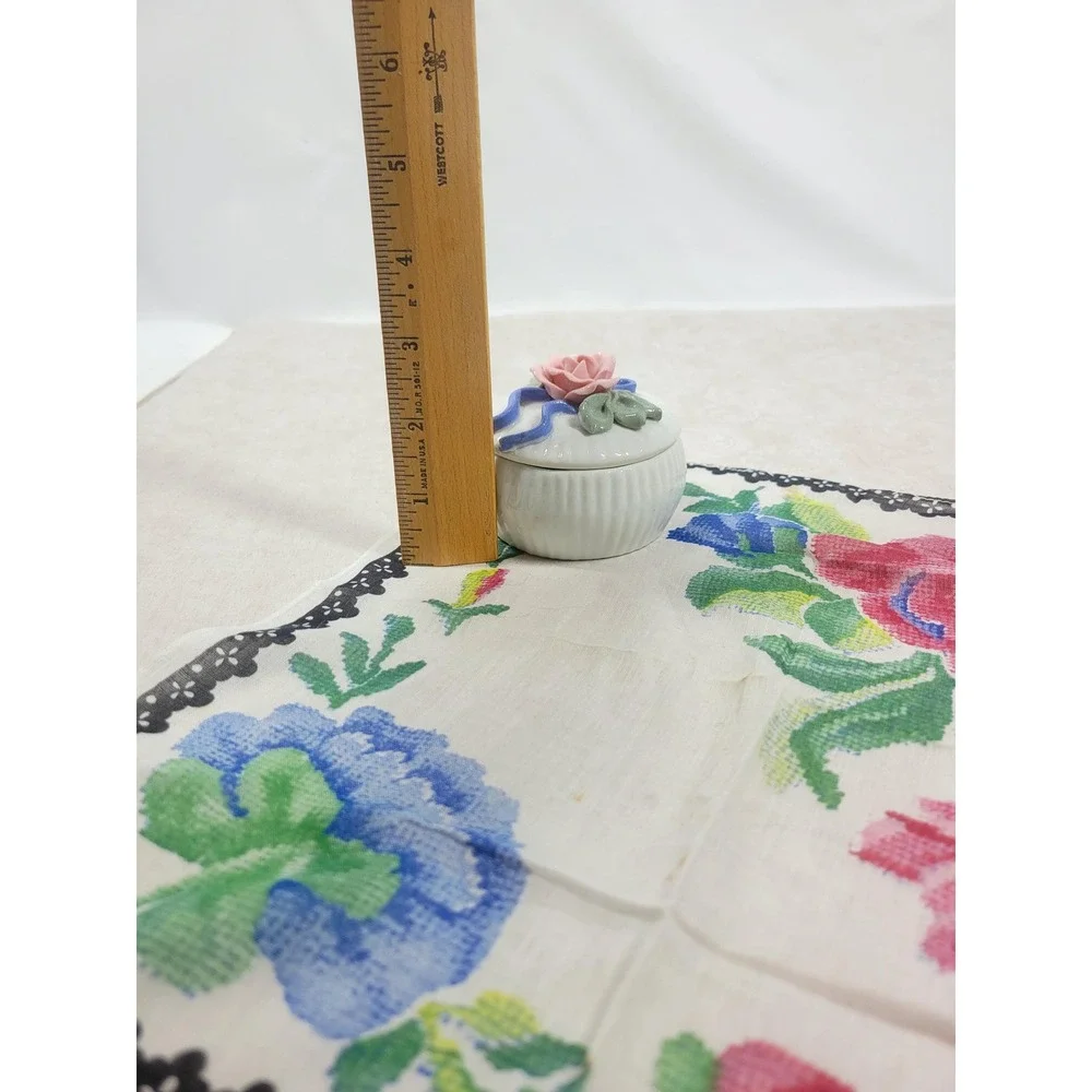 Dainty Porcelain Rose Trinket Box Round Blue Ribbon Accent 3